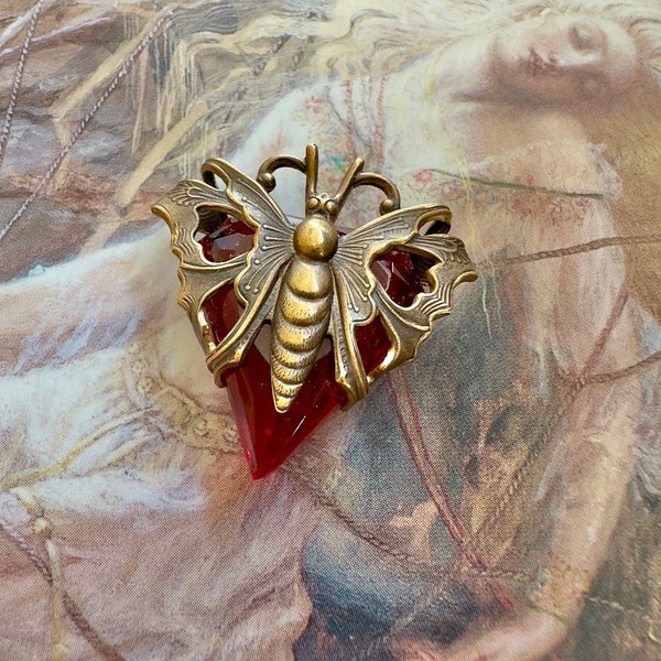 Vintage RARE Butterfly Ruby Red Czech Glass UPCYCLED Solid Brass Filigree Pendant - REF 3683C