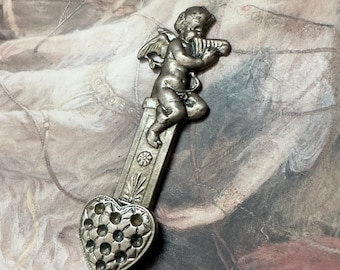 Vintage Winged Cupid Cherub Pan Flute Heart Column Old Silver Plated Repousse Pendant Facing Right Stamping Gorgeous 2" - REF 4305