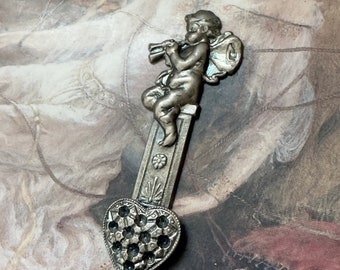 Vintage Winged Cupid Cherub Trumpet Heart Column Old Silver Plated Repousse Pendant Facing Right Stamping Gorgeous 2" - REF 4305L
