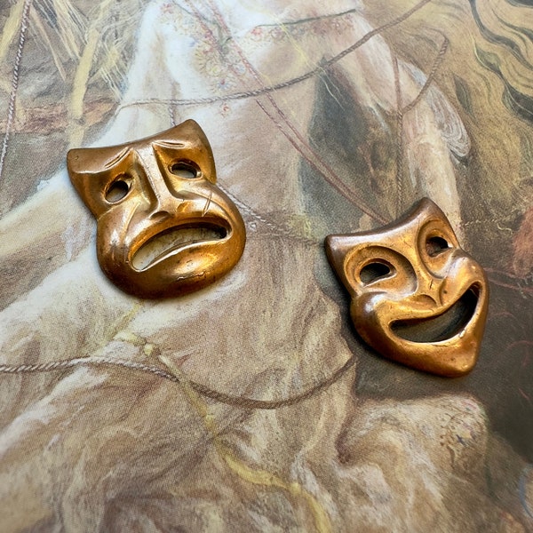 2 Vintage RARE Old Solid Brass Original Art Deco Thalia Comedy Mask Harlequin Drama Mask Findings Stampings Necklace - REF 4154