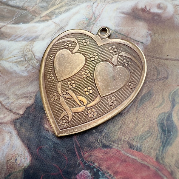 Vintage Double Heart Brass Engraved Pendant Jewelry Stamping 1 1/2" - REF 4182