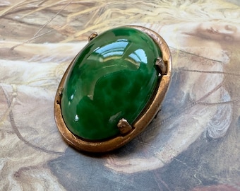 Vintage Rare Old Solid Brass Malachite Green Art Glass Glass UPCYCLED Deco Pin Brooch 1 1/8" - REF 3862