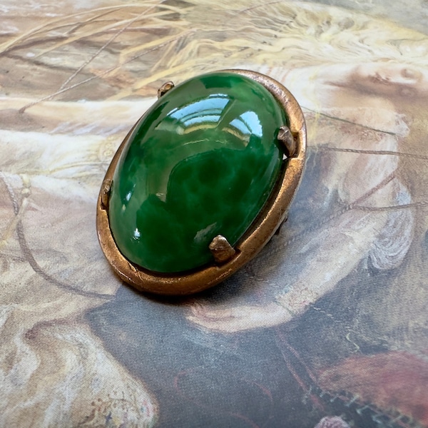 Vintage Rare Old Solid Brass Malachite Green Art Glass Glass UPCYCLED Deco Pin Brooch 1 1/8" - REF 3862