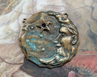 Vintage RARE Old Brass Man In The MOON Art Deco Cold Enamel Pendant Findings Stampings - REF 4240