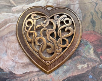 Vintage RARE Large Old Brass Openwork Filigree Heart Pendant Findings Stampings Repousse 2 1/2" - REF 4177