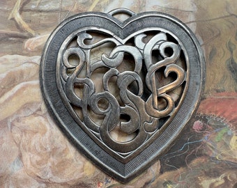 Vintage RARE Large Silver Plated Brass Openwork Filigree Heart Pendant Findings Stampings Repousse 2 1/2" - REF 4252