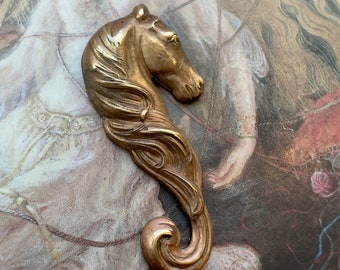 Vintage RARE Art Nouveau Old Stock Solid Brass Horse Love Equine Equestrian Pendant Findings Stamping 1 3/4” - REF 4086