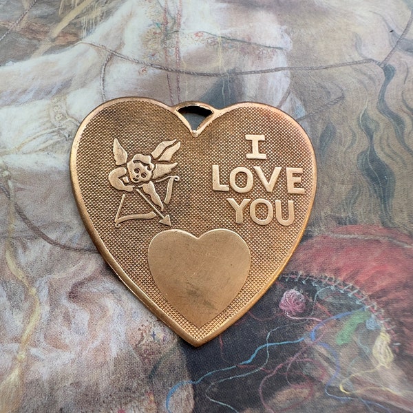 Vintage I LOVE YOU Cupid Arrow Heart Brass Engraved Pendant Jewelry Stamping 1 1/2" - REF 4181