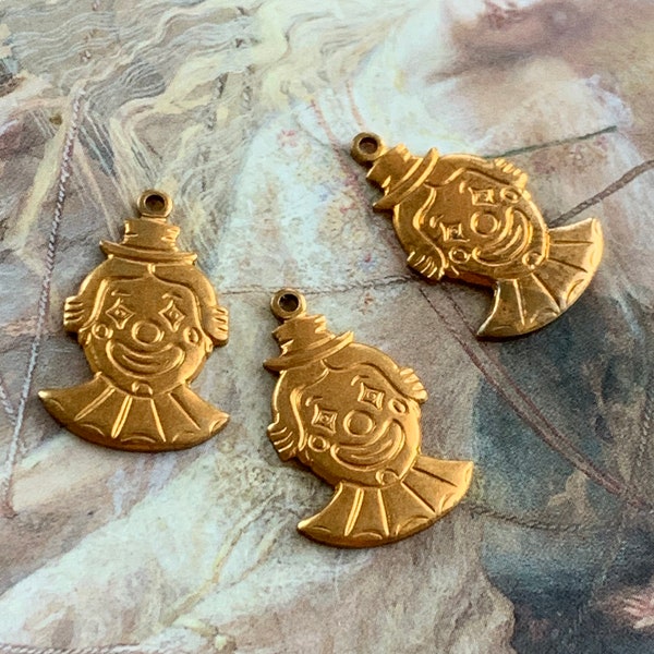 3 Vintage Old Brass Circus Clown Charms Findings Stampings - REF 940