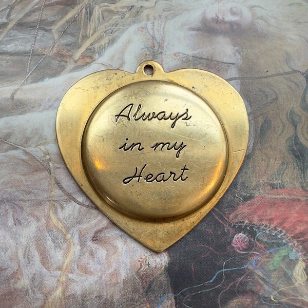 Vintage Always In My Heart Brass Engraved Scrolled Pendant Jewelry Finding Stamping 1 3/4" - REF 4180