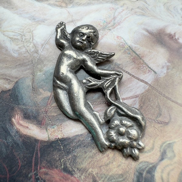 Vintage Rare France Winged Cherub Silver Plated Repousse Art Nouveau Stamping 1 3/4" - REF 4211