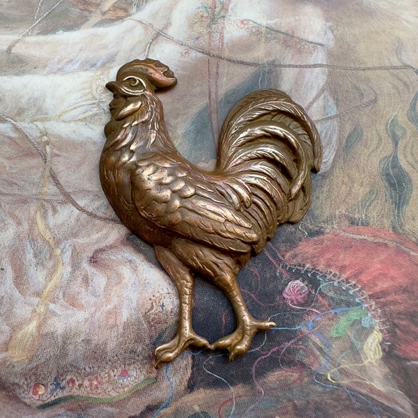 Vintage RARE Very OLD Highly Detailed 2" Rooster Solid Brass Piece Finding Stamping Farm House - REF 4184