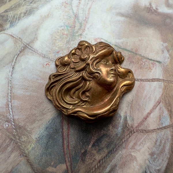 Vintage Rare Very Old Solid Brass Tiny Art Nouveau Woman Goddess Ornate Bold Raised Pendant Findings Stampings 3/4" - REF 4106