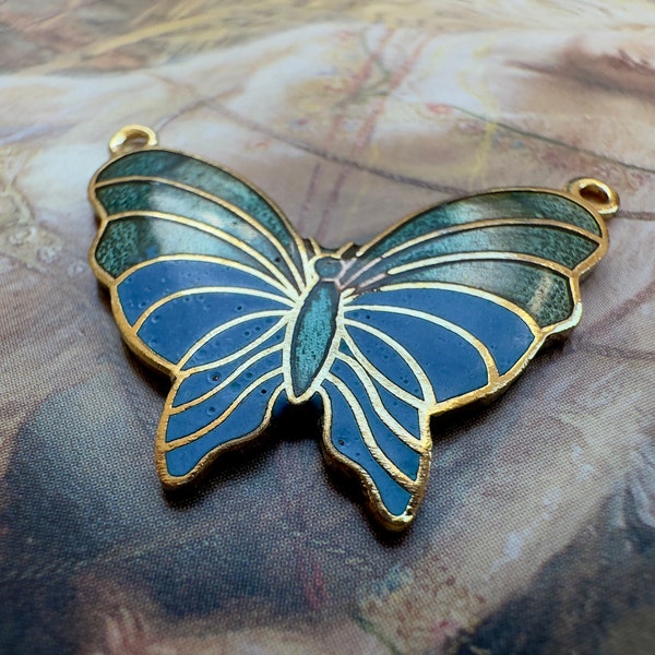 Vintage Blue Green ENAMEL Butterfly Guilloche Pendant Cloisonne NOS Old Stock Mint For Necklaces Earrings Bracelets - REF 3948