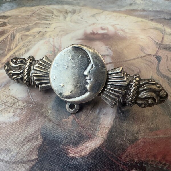 Vintage Deco Man In The Moon Brooch Pin Silver Plated Brass Repousse Nouveau Flowers Gorgeous 2" - REF 4307