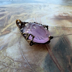 Vintage RARE Gorgeous Lavender Art Glass Scarab UPCYCLED Solid Brass Filigree Pendant - REF 2827