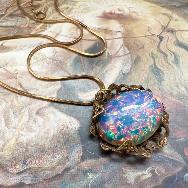 Vintage RARE Gorgeous Czech Glass Opal Fuchsia Topaz Sapphire UPCYCLED Filigree Pendant Necklace Choker - REF 3375