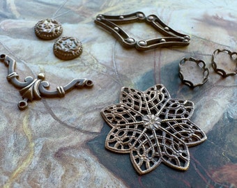 7 Vintage Old Solid Brass Filigree Pendants Pieces Findings Stampings For Necklace Bracelet Pendants - REF 2896