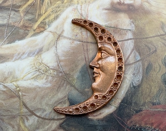 Vintage RARE Old Brass Man In The MOON Art Deco Pave Pendant Findings Stampings 1 1/2” - REF 4129