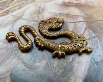 Vintage Rare Very Old Solid Brass Repousse Dragon Art Deco Pendant Finding Stamping Gorgeous - REF 3978