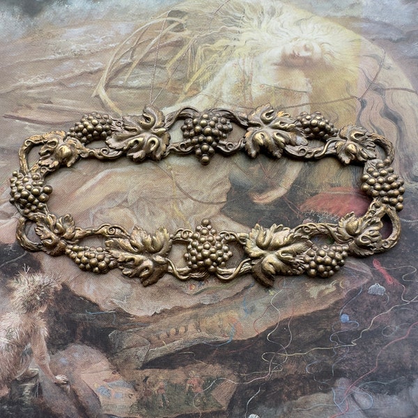 Vintage Grapes Vines Deco 4.5” GORGEOUS Solid Brass Bold Raised Relief Repousse Huge Frame Stamping - REF 3037