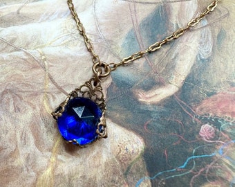 Vintage RARE Gorgeous Cobalt Blue Sapphire Czech Glass UPCYCLED Solid Brass Filigree Pendant 14" to 17" Necklace - REF 3928