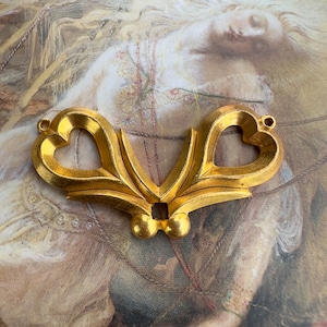 Vintage Gold Gilt Miriam Haskell Solid Brass Ornate Hearts Connector Openwork 1 1/2” Pendant Charm Findings Stampings - REF 4351