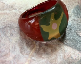 Vintage 90s Original Maroon Yellow Green Pink Starfish LUCITE Ring, Statement Ring New-Old-Stock, Never Worn Stunning Vogue Ring - REF 1311