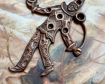 Vintage Rare Very Old Solid Brass Dancing Jester Victorian French Court Pendant Findings Stampings Decor Jewelry - REF 4201