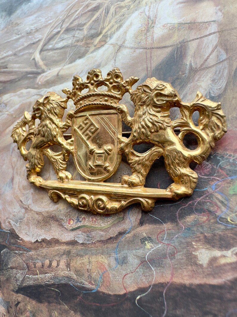 Rare Miriam Haskell Coat of Arms Lions Brooch Vintage Brushed - Etsy