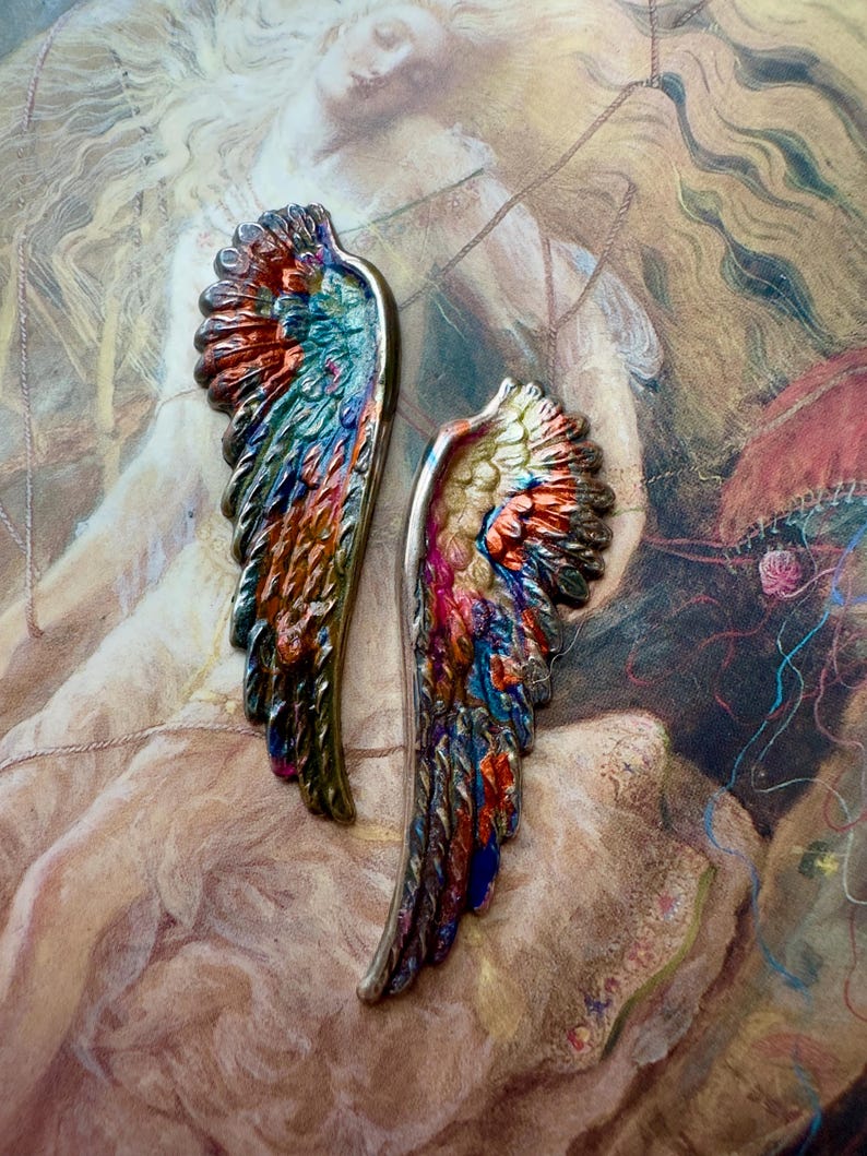 Vintage Raku 2 Pc Set Ornate Silver Brass Art Deco Wings Pendants Cold ...