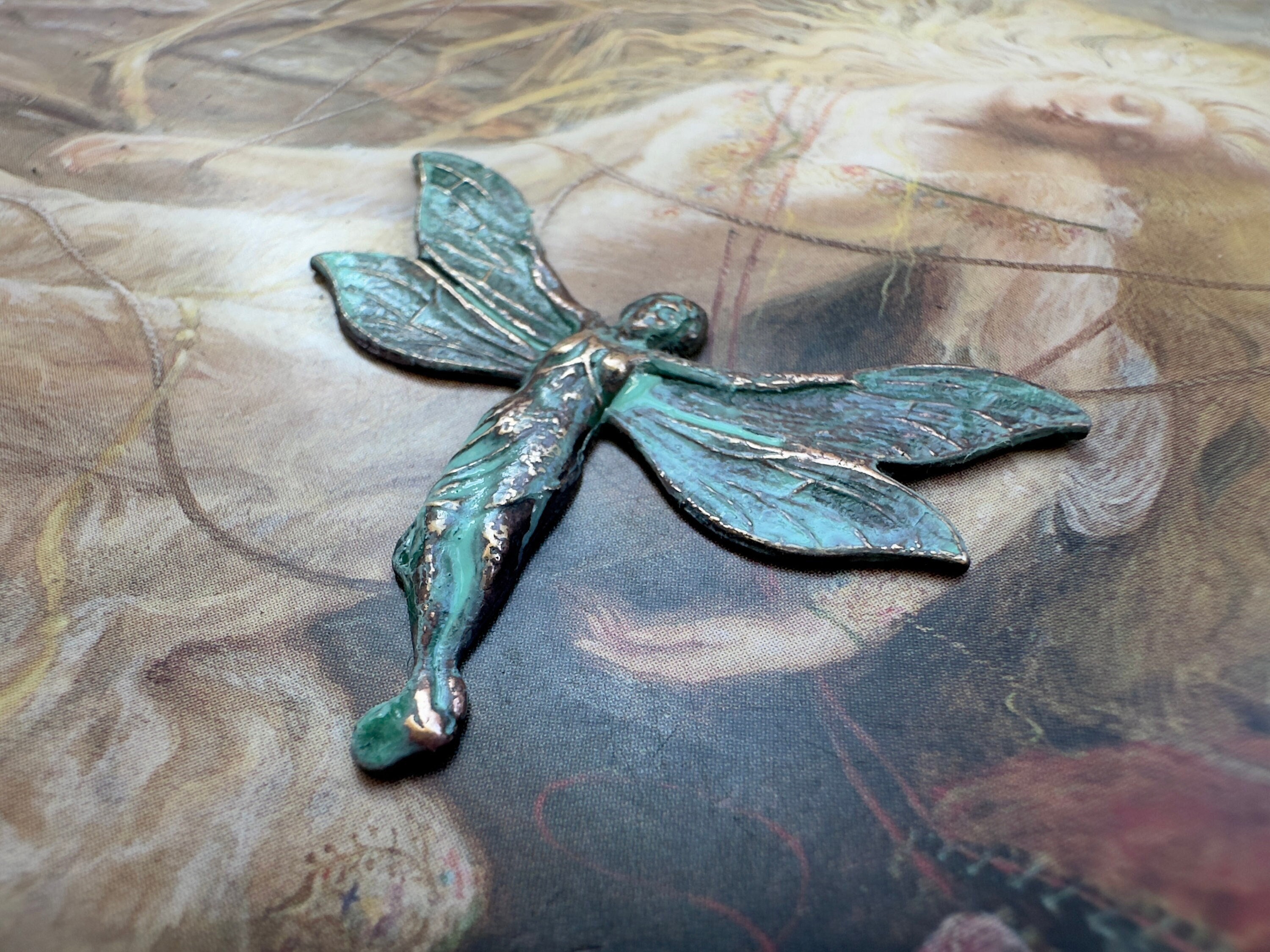 Vintage Rare Very Old Solid Brass Hand Enameled Winged Fairy Dragonfly Body Art Nouveau Pendant Finding Stamping - REF 4225