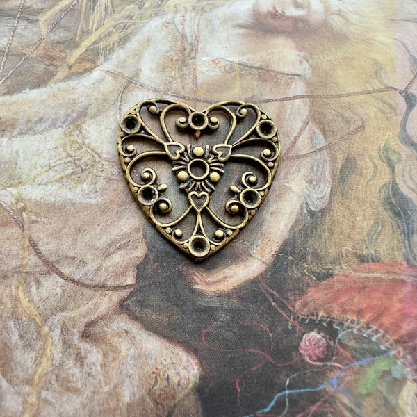 MIRIAM HASKELL Vintage Old Bronze Plated Heart Victorian Deco Ornate Stampings Pendant Pieces Findings - REF 3070