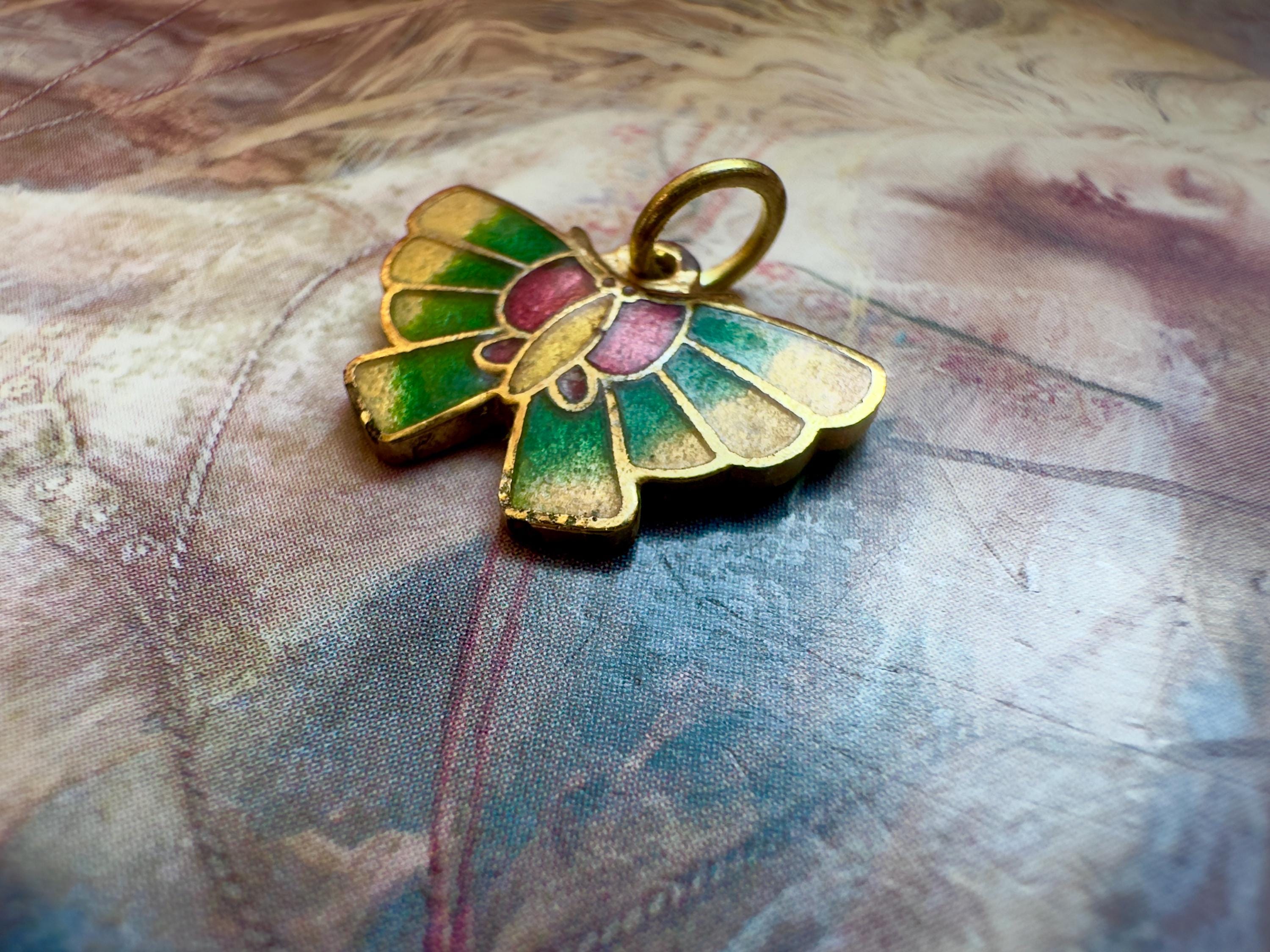 Broche Papillon Vintage émail Cloisonné - Rouge Et Blanc - Or Couleur - État Impeccable