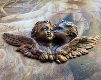 Vintage Rare Old Solid Brass Repousse Winged Cherub Twins Cupid Art Nouveau Decor Pendant Finding Stamping Gorgeous 2 3/4” - REF 6606