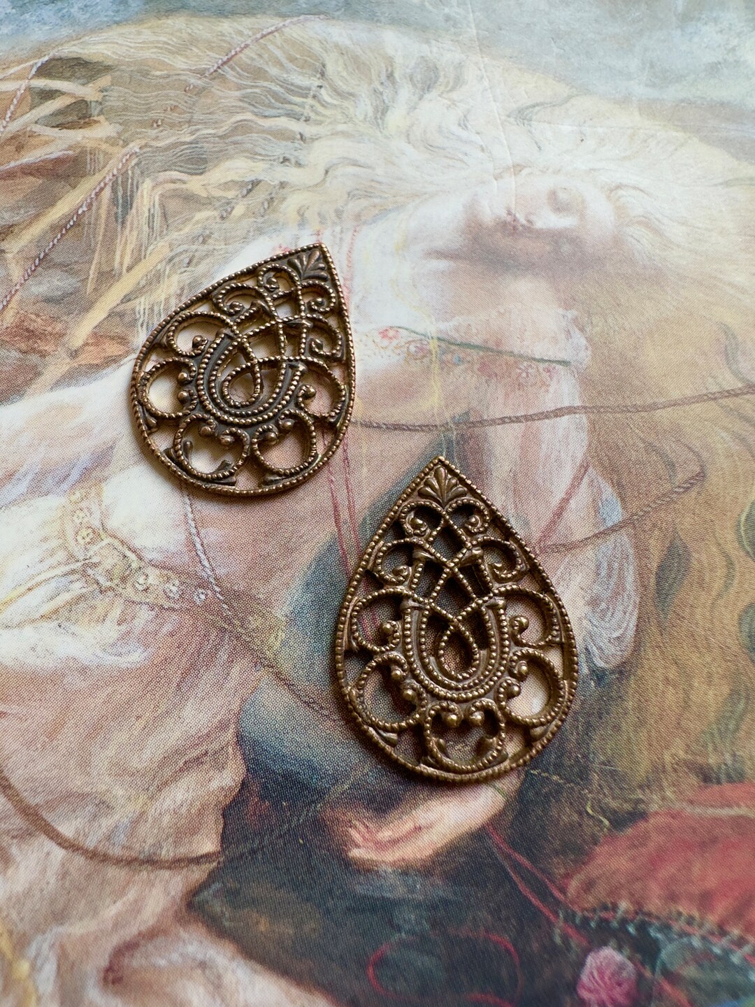 Vintage Old Solid Brass Filigree Drop Pendant Pieces Findings Stampings for Necklace Bracelet