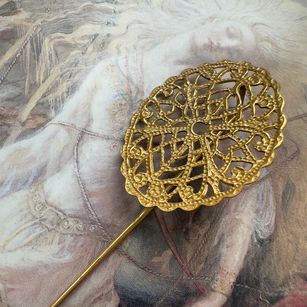 Vintage Filigree Stick Pin Rich Gold Plated Art DECO Ornate Old Designer Stock Solid Brass Stick Pin Oval - REF 4253