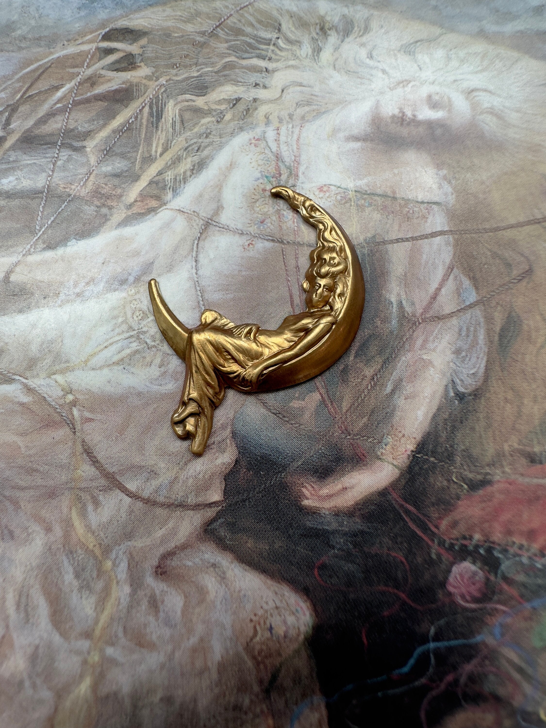 Vintage Solid Brass Moon Goddess Woman Lady In The Moon Art Nouveau Detailed Piece Pendant Findings Stampings - REF 4121