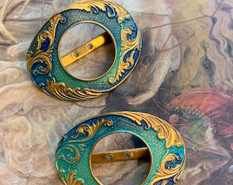 Vintage Gorgeous Cold Enameled Art Deco Original Brass Ornate Victorian Buckle, Blacher Bros - REF 2285