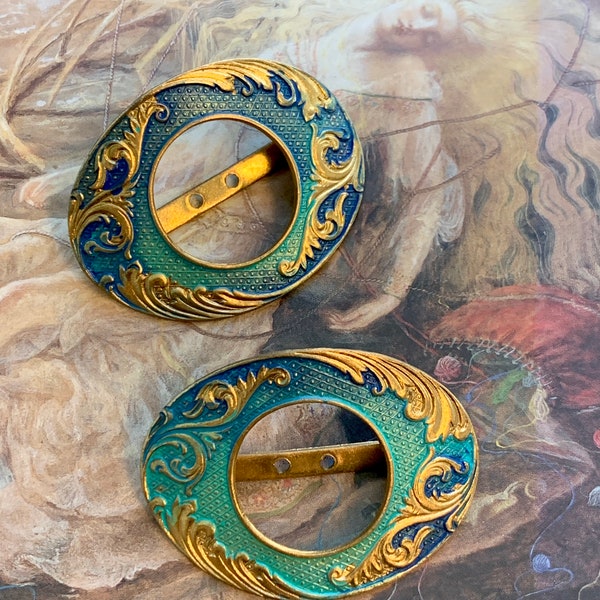 Vintage Gorgeous Cold Enameled Art Deco Original Brass Ornate Victorian Buckle, Blacher Bros - REF 2285