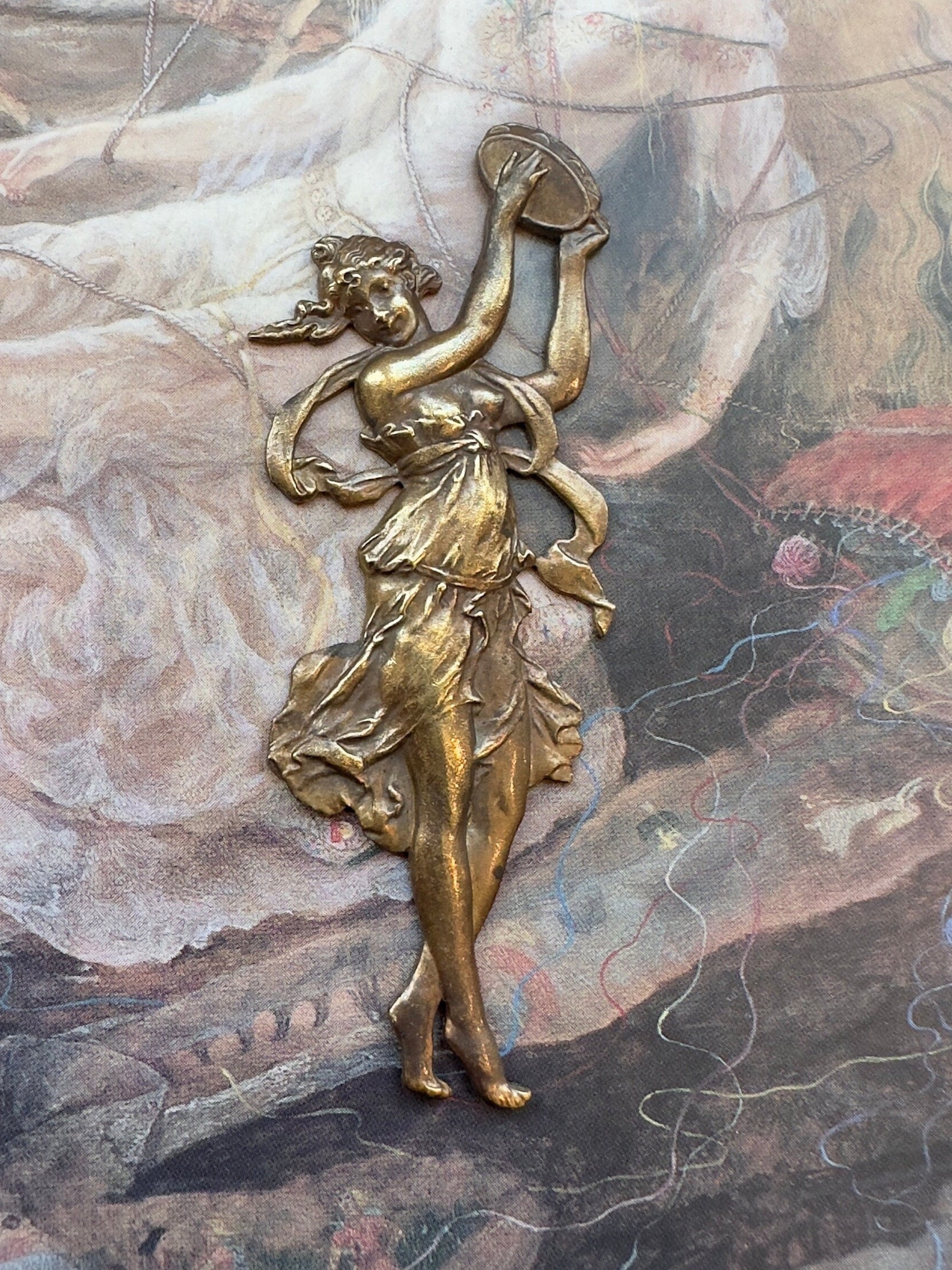Vintage Rare Very Old Solid Brass Art Nouveau Tamborine Woman Maiden Goddess Bold Raised Pendant Finding Stamping 3" - REF 4088