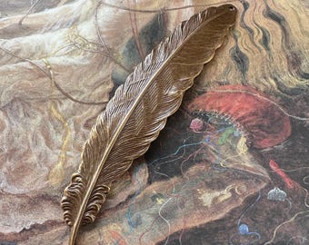 Vintage Old Tooled Solid Brass Feather Deco Feather Plume Finding Jewelry Stamping Piece 3 1/2” - REF 4565