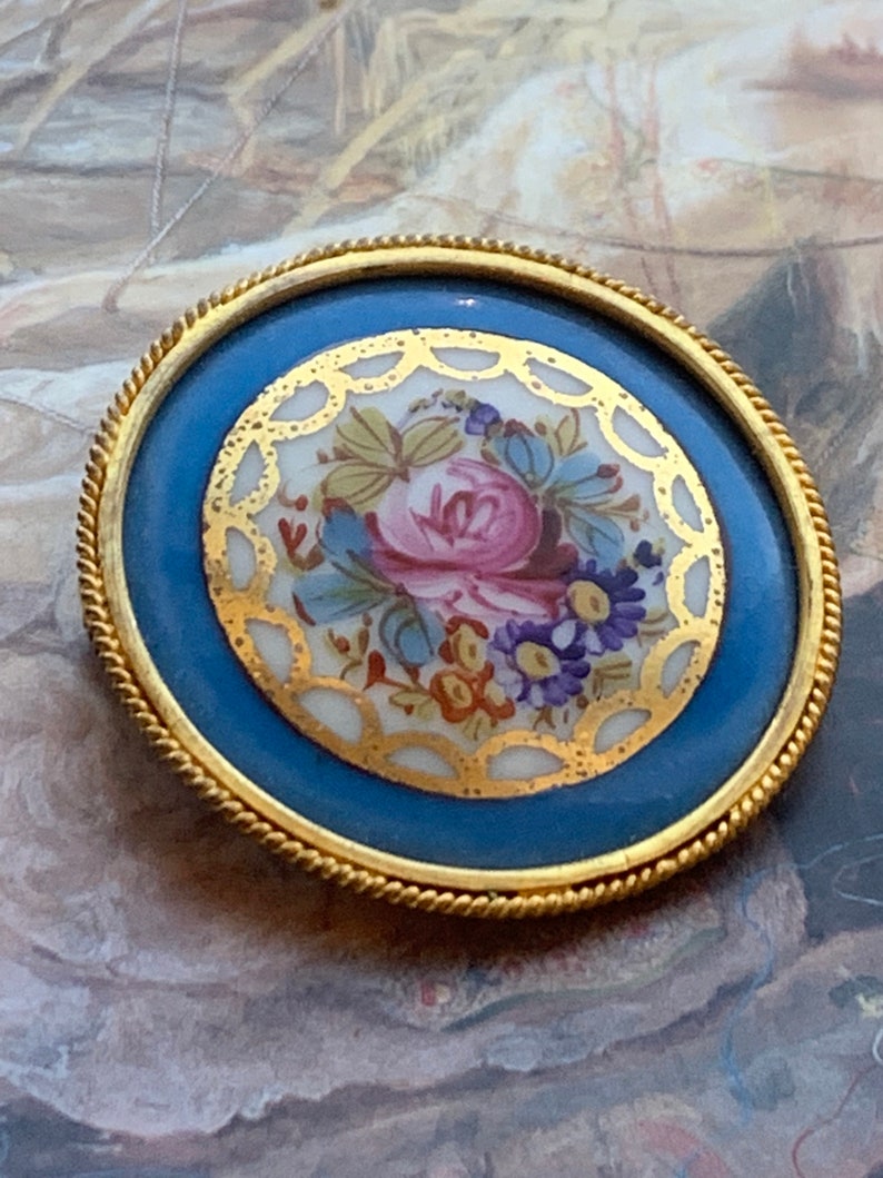France Hand Signed Rose Bouquet Gold Gilt Lace Porcelain BROOCH Pin Vintage 19C Hand Painted Limoges REF 376