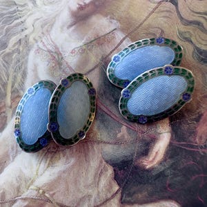 Vintage STERLING Guilloche 20’s Enamel Victorian Floral Periwinkle Cufflinks, Talle De Epargne Cufflinks, 7/8”, VG - REF 5478