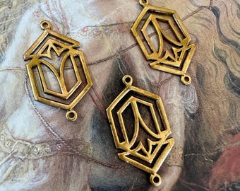 3 Vintage Art Deco Solid Brass Filigree Connector Earrings Pendant Drop Pieces Findings Stampings - REF 4701