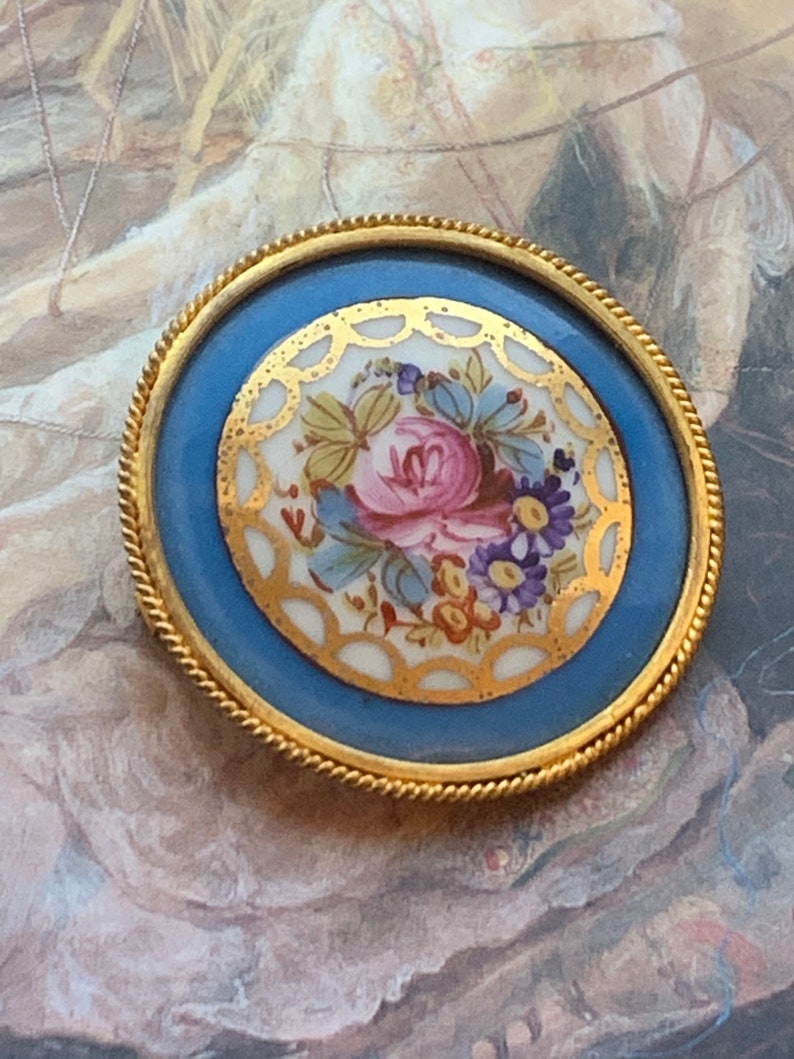 France Hand Signed Rose Bouquet Gold Gilt Lace Porcelain BROOCH Pin Vintage 19C Hand Painted Limoges REF 376