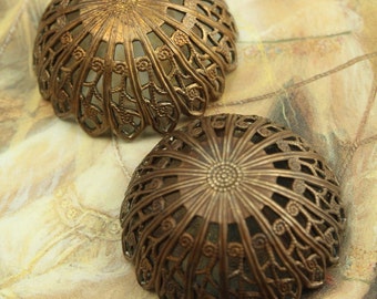 2 Vintage Gorgeous Unique Filigree Old Brass Domed Pieces Findings Stampings - REF 040