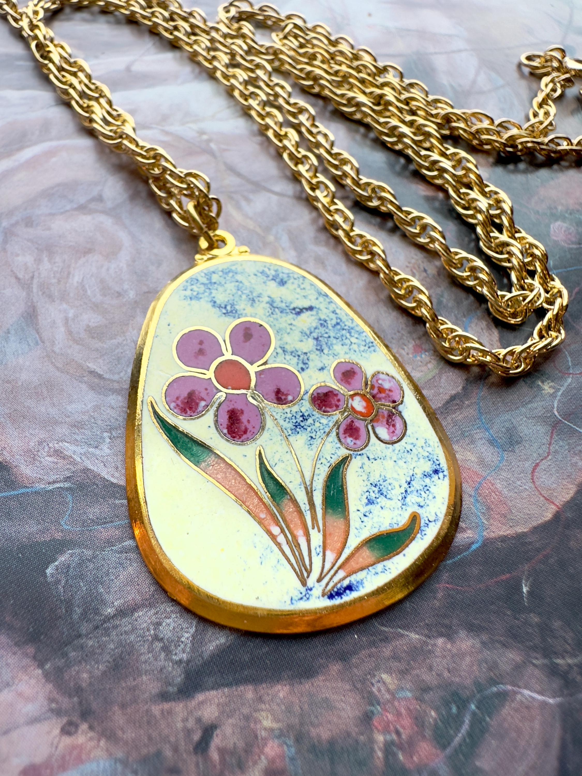Blue Cloisonne Peony Pendant Necklace Hollow Bottle Vintage