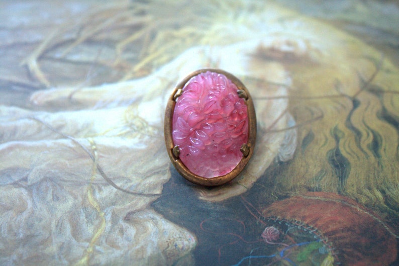 REF 228 Vintage Old Brass Carved Floral Glass UPCYCLED Pin Brooch