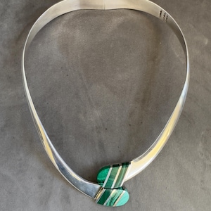 Vintage Rare Hinged Collar 100g Sterling Silver Malachite Mexico Stunning Choker Necklace - REF 4475